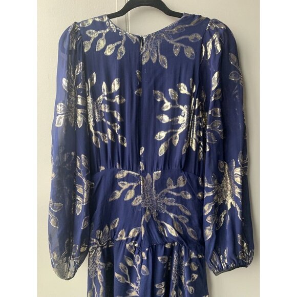 Anthropology DELFI Collective Navy and Silver Print Gown Long Dress Pure Silk L - Picture 5 of 9